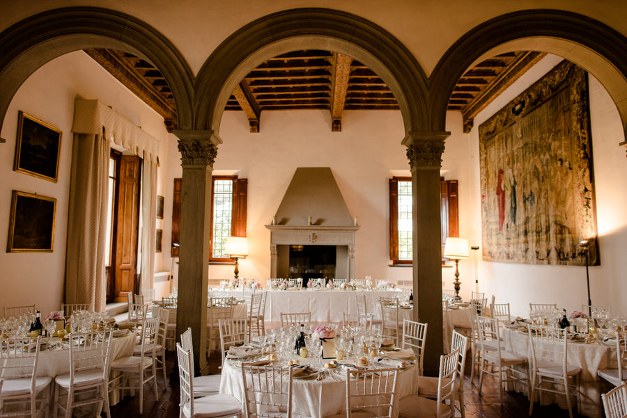 Big hall for dinner tables at Villa il Garofalo Florence