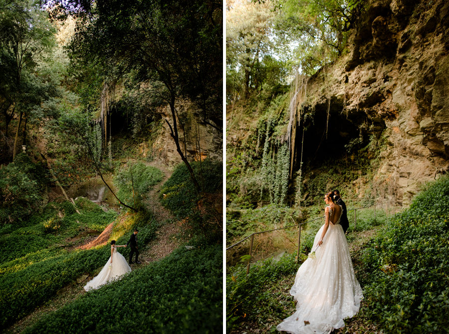 Romantic couple in the wonderful wood at Villa Le Molina, San Giuliano Terme, Pisa