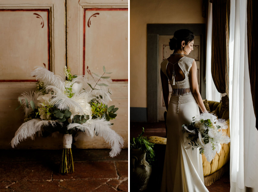 bridal flowers with portrait in tuscany