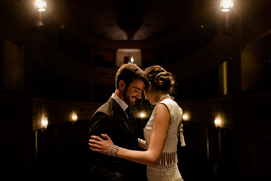 wedding couple portrait in a theather