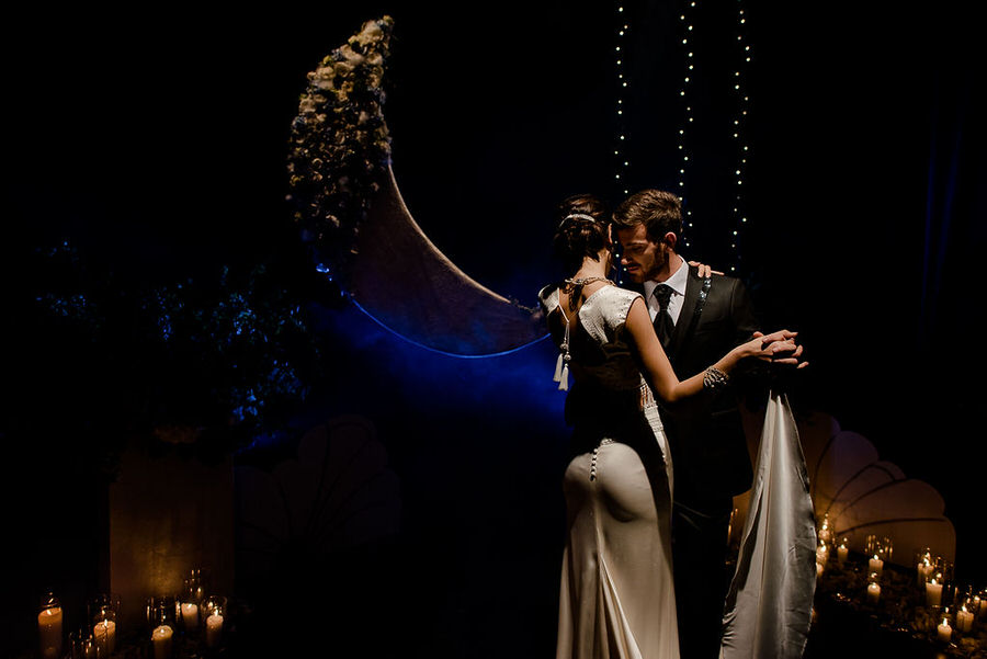 wedding couple dancing in a theather