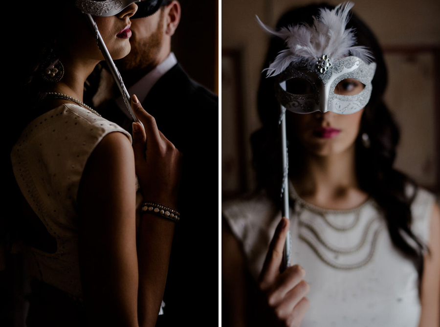 bride and groom with theatrical mask 50 shades of black