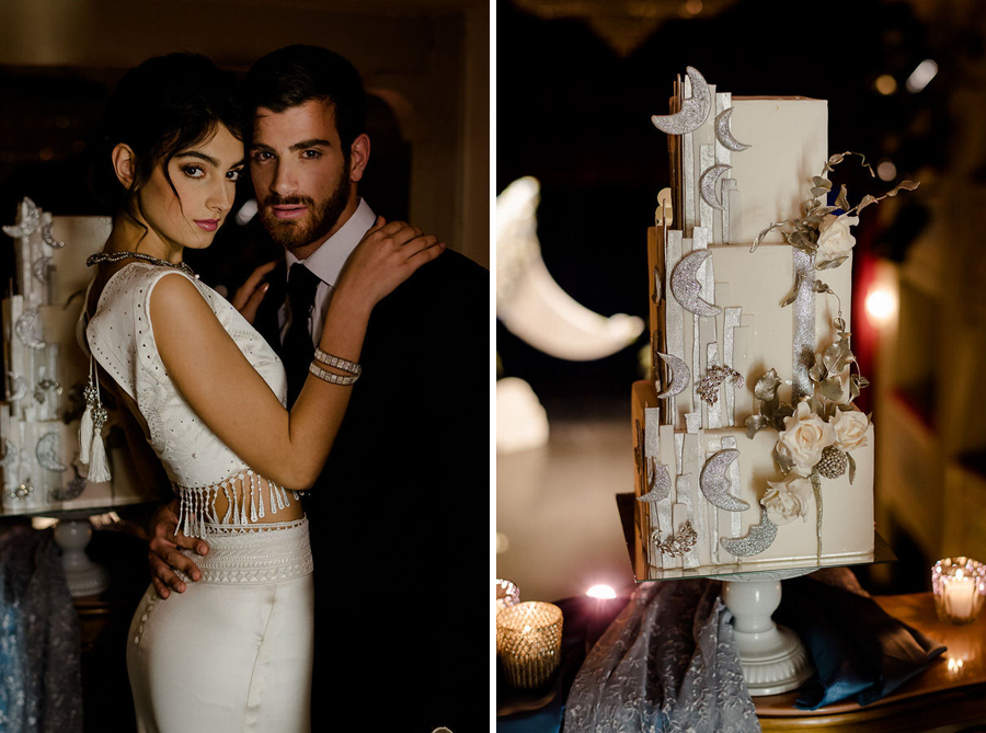 portrait bride and groom and the wedding cake