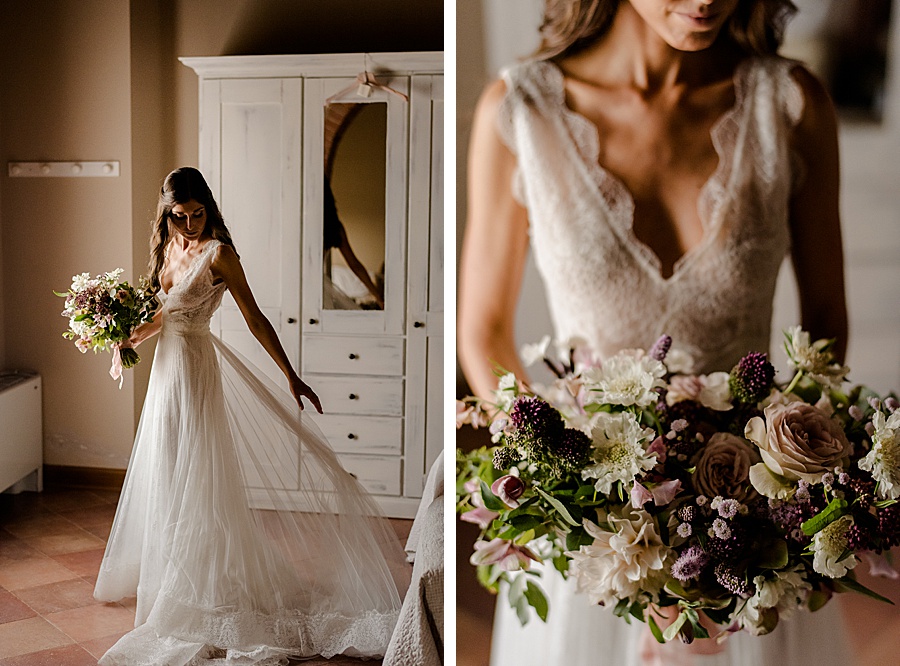 bride with dress and flowers